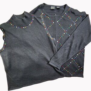 Erika 2 Pc Set Medium Sleeveless Top & Large Zip Cardigan rhinestone accents
